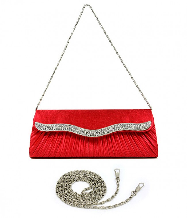 Evening Bag - Pleated Satin w/ Rhinestones Trim Flap - Red - BG-YL1075RD